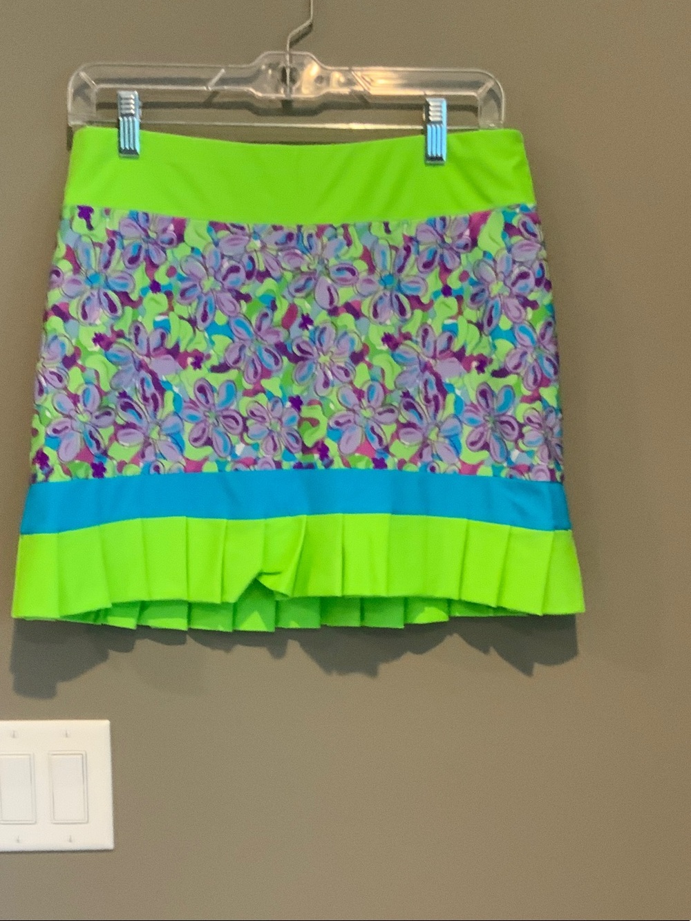 Tzu Tzu Lime, Aqua & Purple Floral Pleated Mini Skirt
